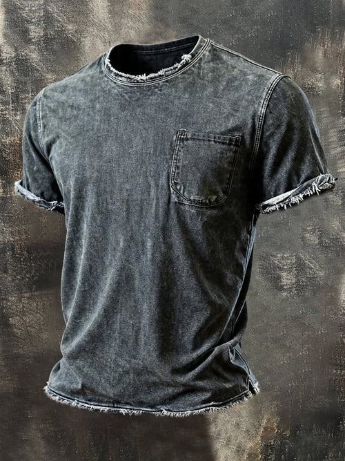 Men'S Vintage Pure Cotton Washed Crew-Neck Short-Sleeve T-Shirt With Distressed Details