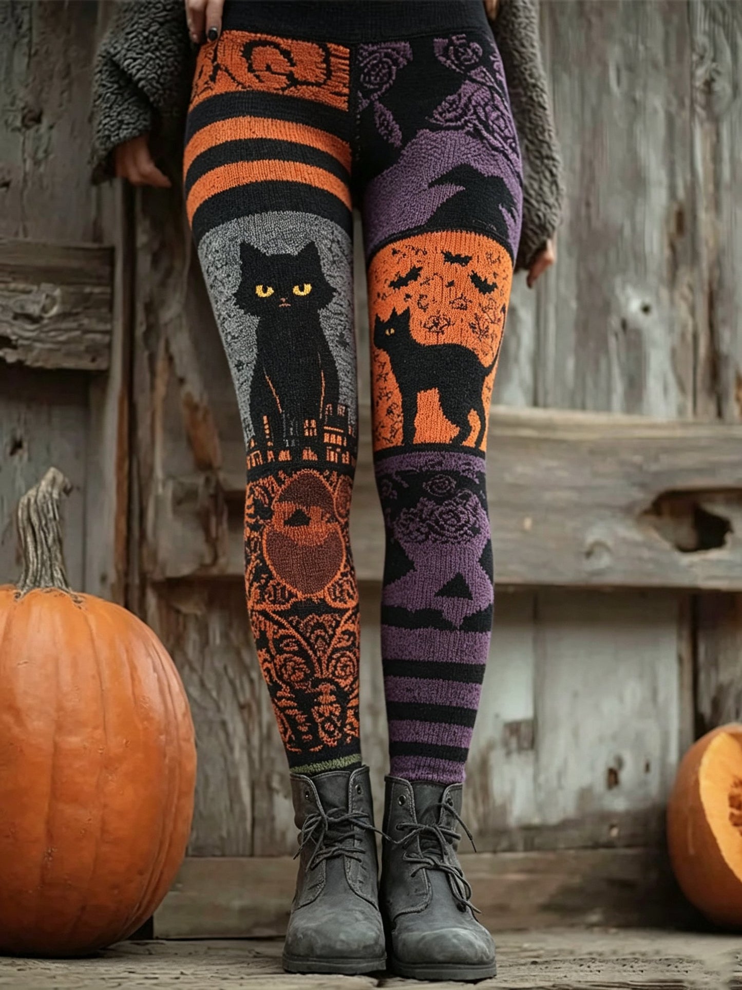 Women's retro pumpkin black cat printed leggings