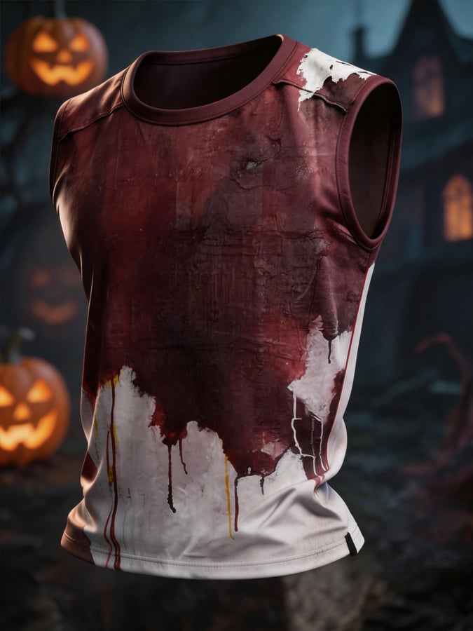 Men's Vintage-Style Blood-Stained Halloween Crew-Neck Tank Top