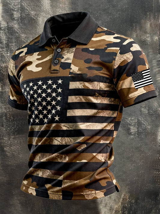 Men's Retro Patriotic Color-Block Short-Sleeve Polo Shirt