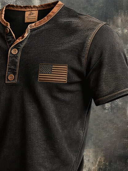 Men's Retro Color Block Knit Ribbed Patriot Henry T-Shirt