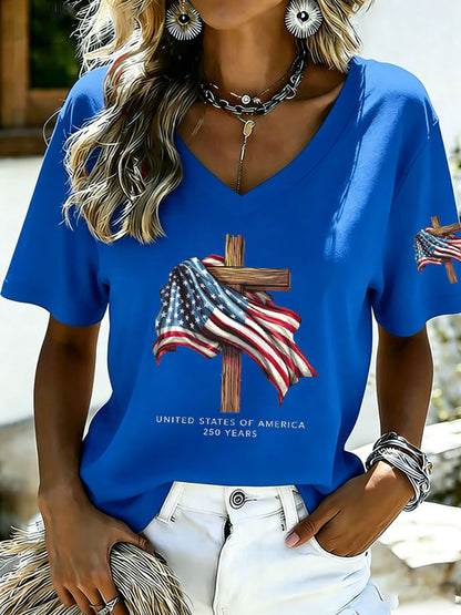 Women's Cross USA Flag Print Casual T-Shirt
