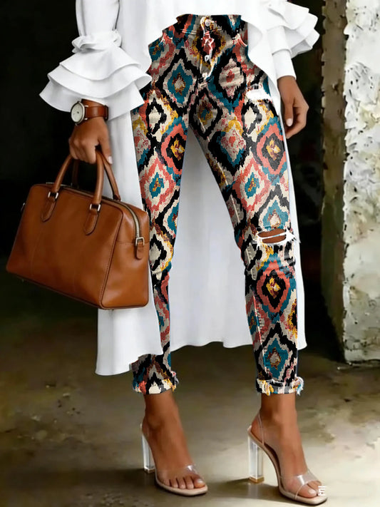 Women's Vintage Multicolor Totem Print Casual High-waisted Ripped Skinny Jeans