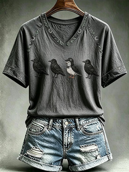 Women's Halloween Crow Print Casual T-shirt