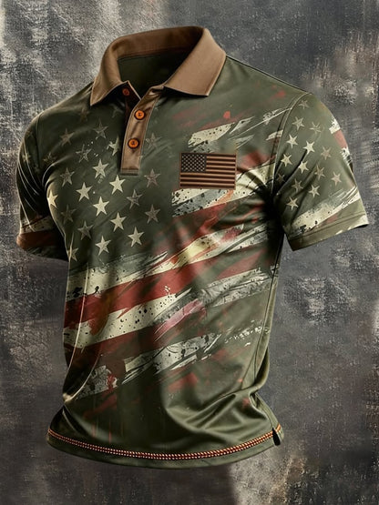 Men's Retro Patriotic Color-Block Short-Sleeve Polo Shirt