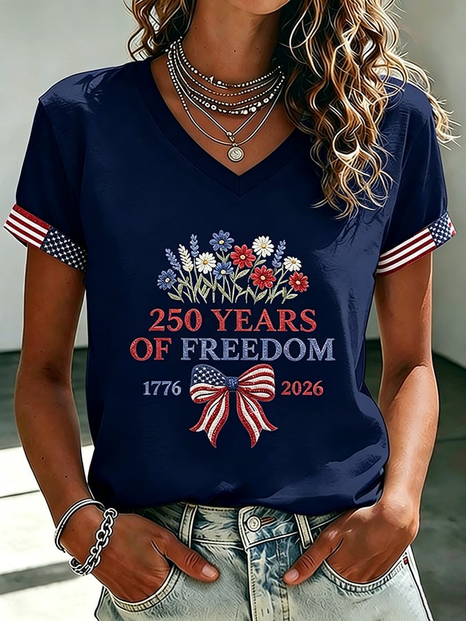 Women's 250 Years Of Freedom Flower Art Print V Neck T-shirt