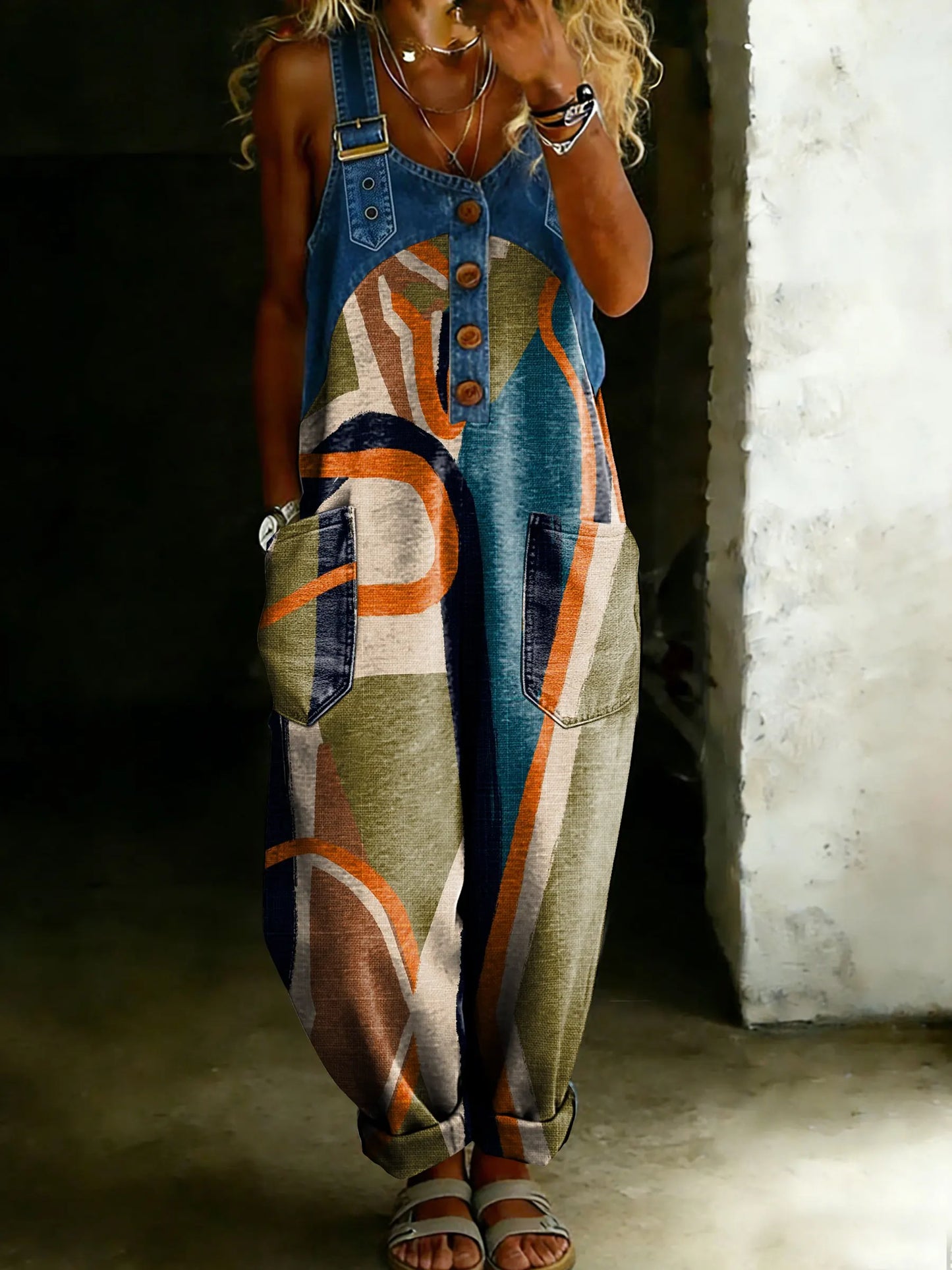 Women’s Vintage Line Totem Art Casual One Piece Denim Patchwork Jumpsuit