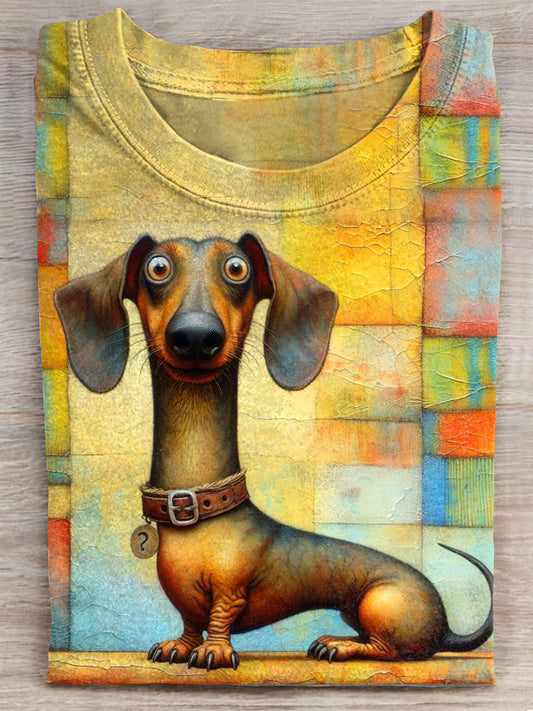 Vintage Dachshund Dog Art Print Casual Short Sleeve T-shirt