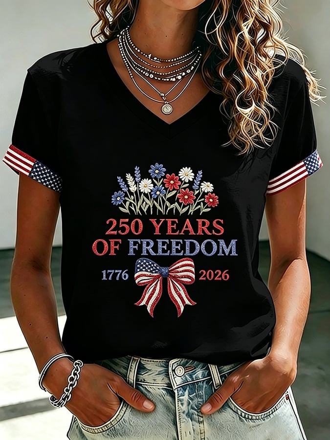Women's 250 Years Of Freedom Flower Art Print V Neck T-shirt