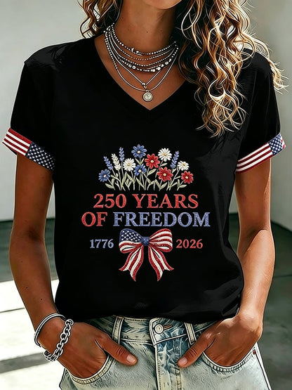 Women's 250 Years Of Freedom Flower Art Print V Neck T-shirt