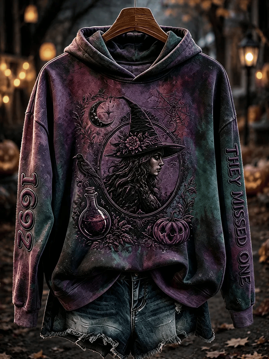 Women's Retro 1692 They Missed One Witch Hat & Cat Printed Hoodie