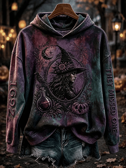 Women's Retro 1692 They Missed One Witch Hat & Cat Printed Hoodie