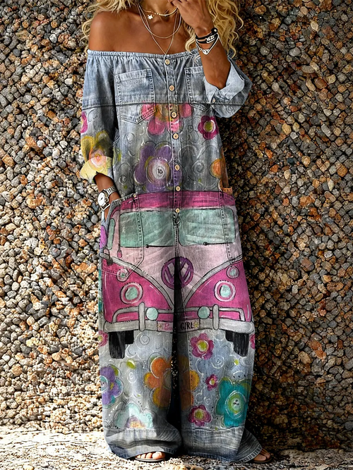 Women's Hippie Pattern Art Print Casual Long-sleeved Washed Cotton Denim Jumpsuit
