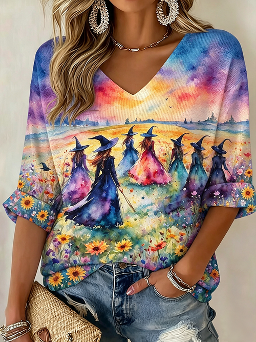 Ladies' Casual Witch Print V-Neck Top