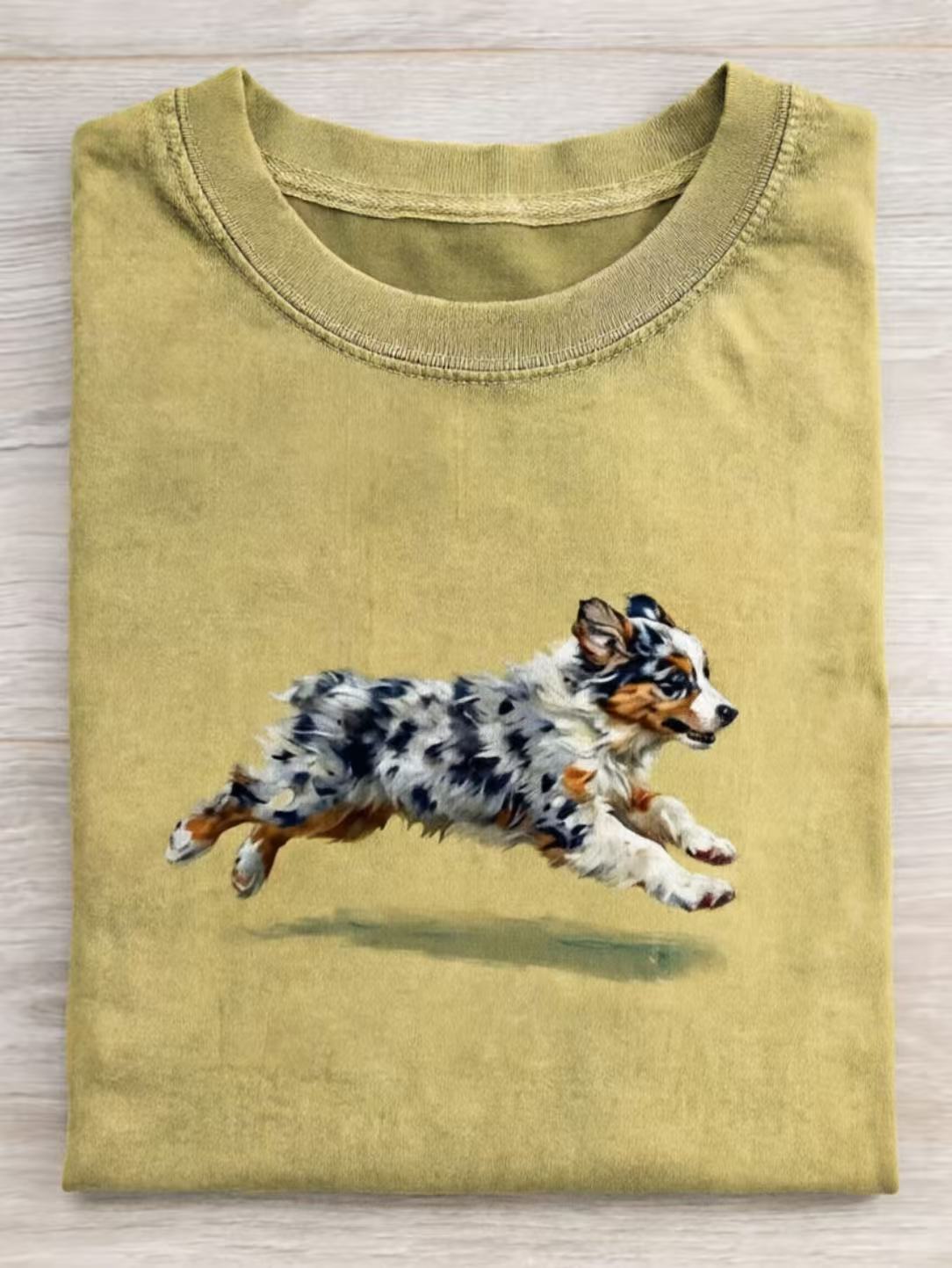 Funny Retro Cute Running Dog Art Print Casual Cotton Short Sleeve T-shirt