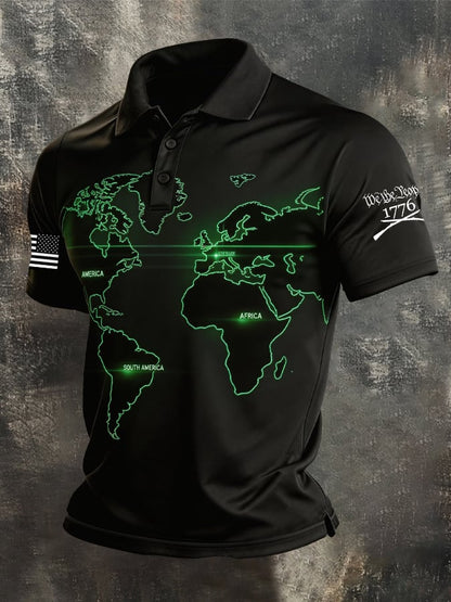 Men's Retro Patriot Color Block Polo Collar Short Sleeve