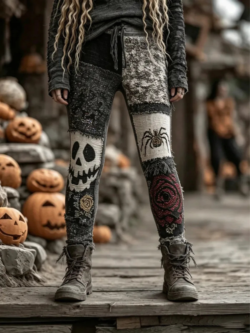 Women's Retro Halloween Rose Skull Print Leggings