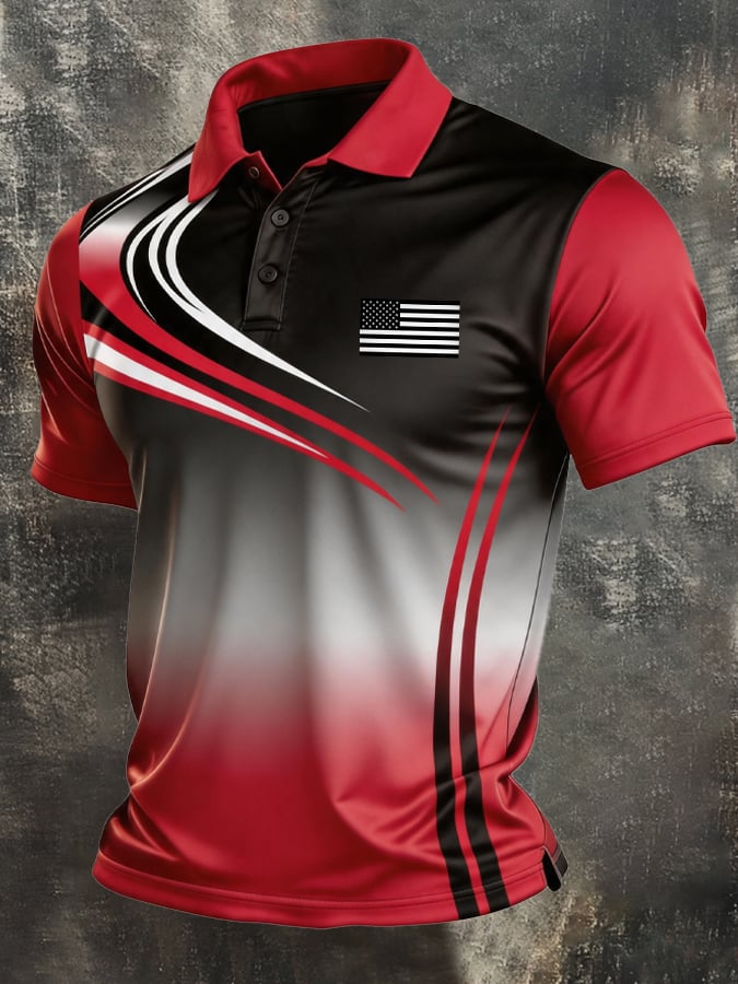 Men's Retro Patriotic Color-Block Short-Sleeve Polo Shirt