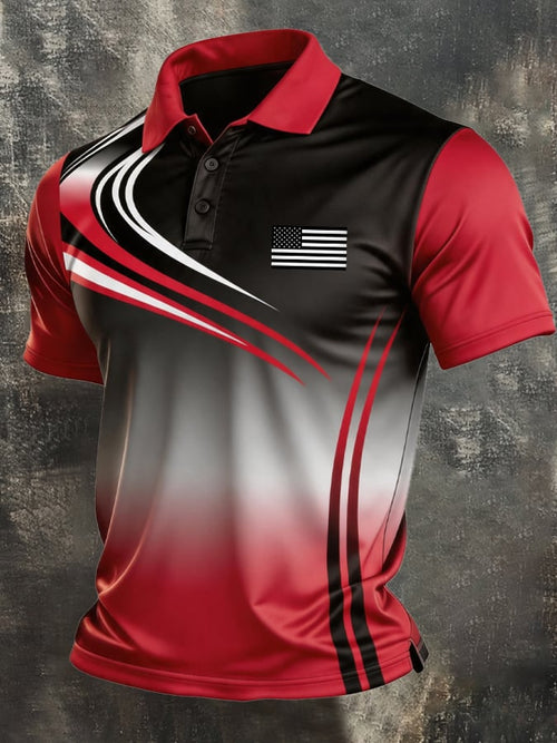 Men's Retro Patriotic Color-Block Short-Sleeve Polo Shirt