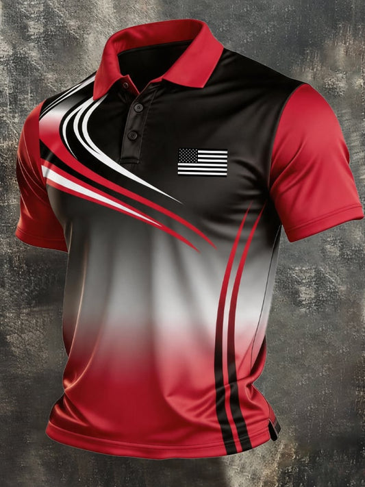 Men's Retro Patriotic Color-Block Short-Sleeve Polo Shirt