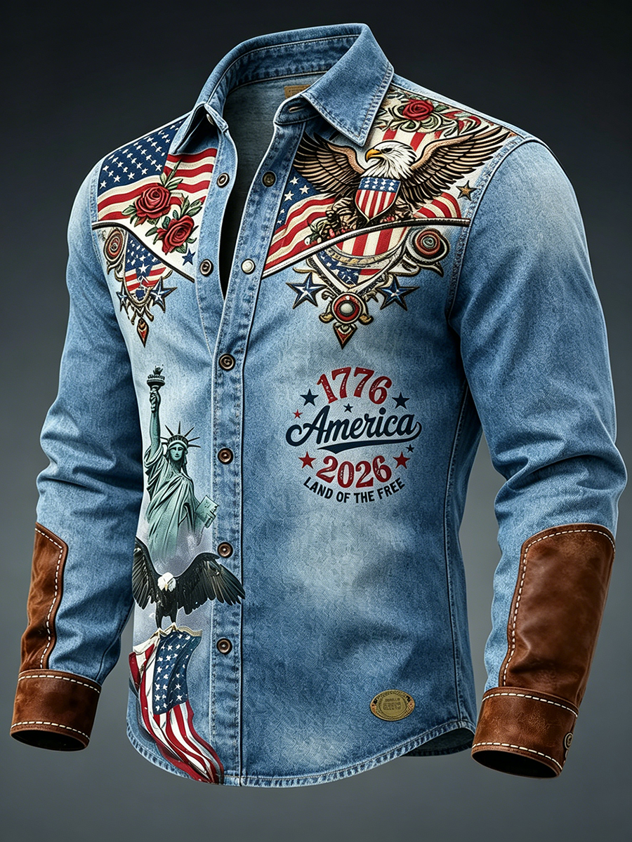 Men'S Casual American 250Th Anniversary Founding Lapel Long Sleeved Shirt