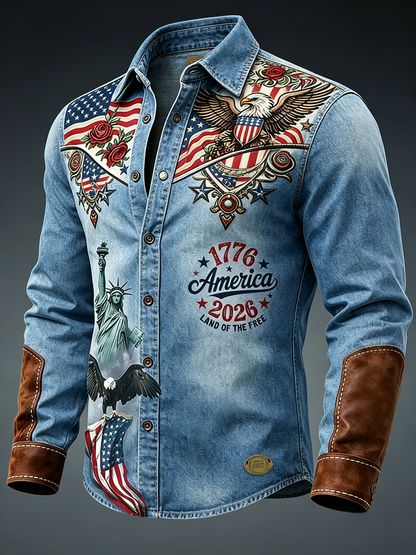 Men'S Casual American 250Th Anniversary Founding Lapel Long Sleeved Shirt