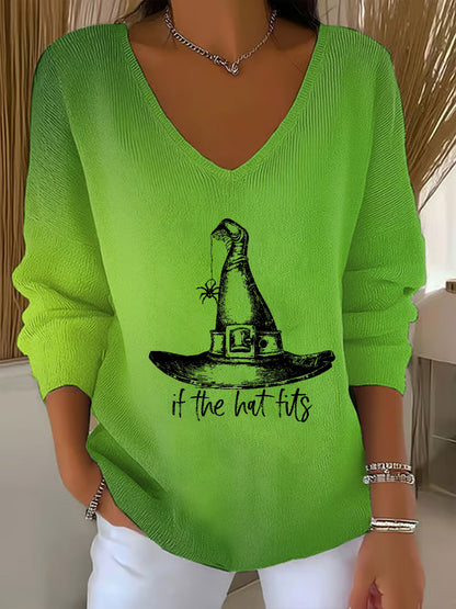 Women's Autumn Halloween Witch Hat Gradient V-Neck Casual Holiday Top