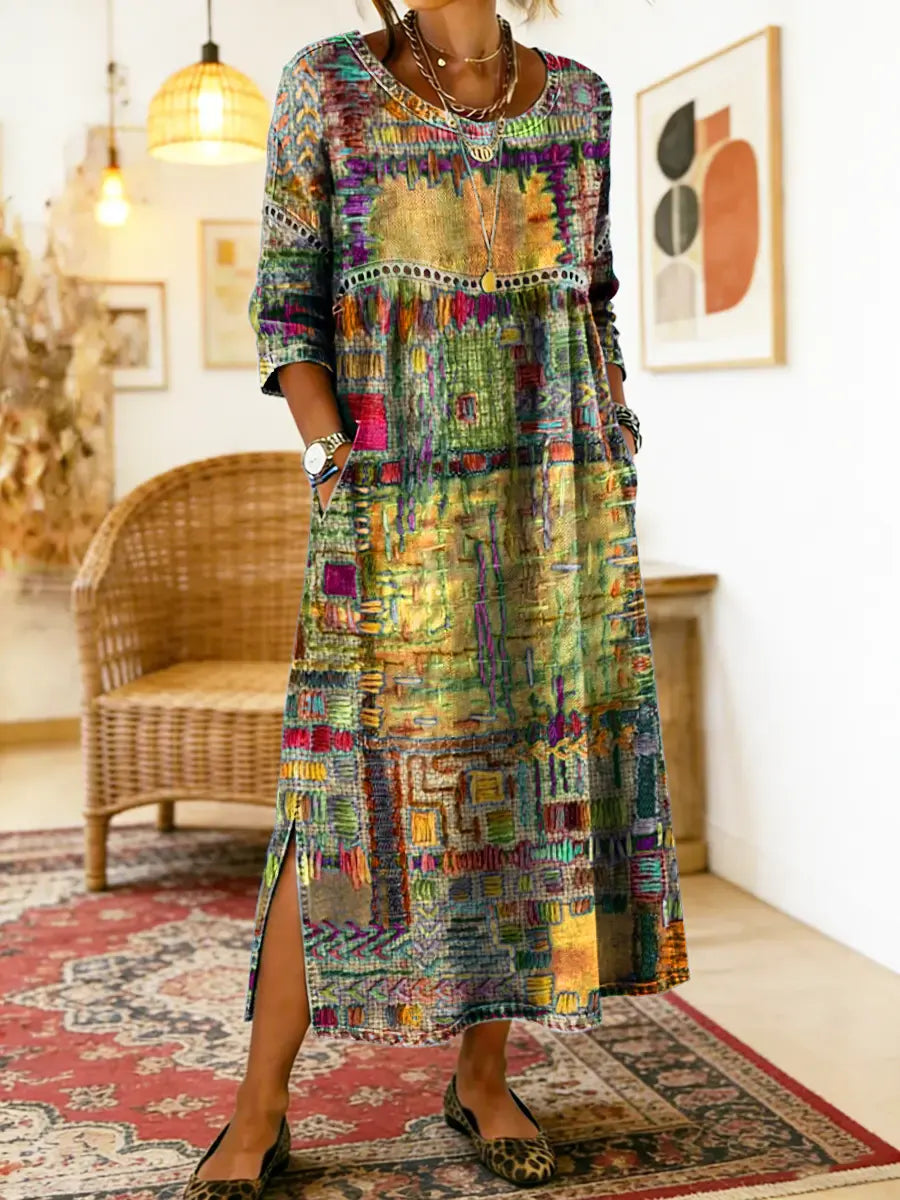 Women's Ethnic Patchwork Printed Cotton Denim Dress with Lace Trim