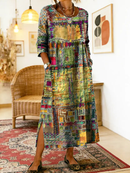 Women's Ethnic Patchwork Printed Cotton Denim Dress with Lace Trim