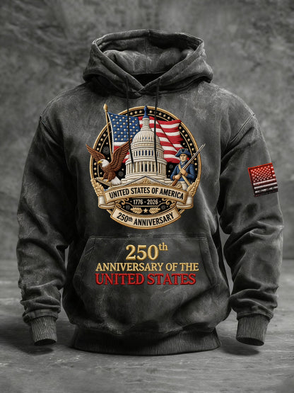 Men's Vintage American Flag Print Hooded Sweatshirt