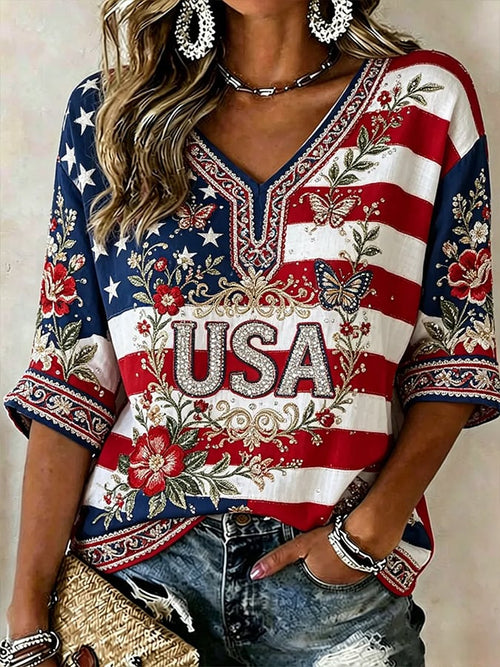 Women's American 250th Anniversary Three-Quarter Sleeve V-Neck Top