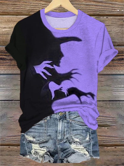 Women's Halloween Witch Shadow Print Casual Tee