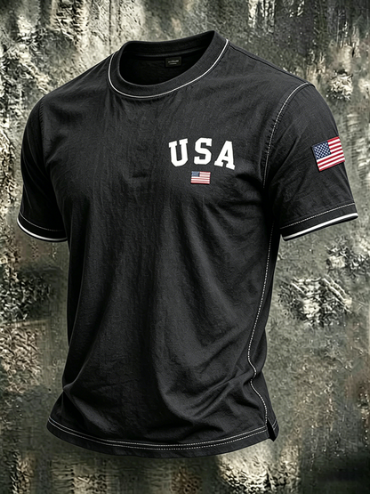 Men'S Casual USA Commemorative Embroidered Printed Round Neck T-Shirt