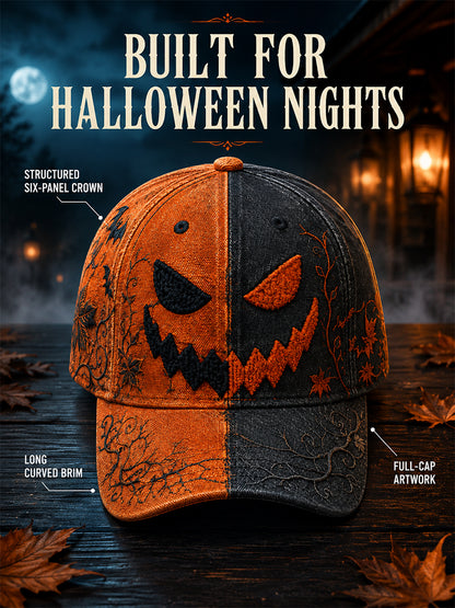 Vintage Jack-O’-Lantern Halloween Baseball Cap – Orange & Black Washed Gothic Hat