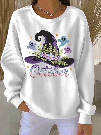 Women's Halloween Witch Hat Printed Crew Neck Long Sleeve Top