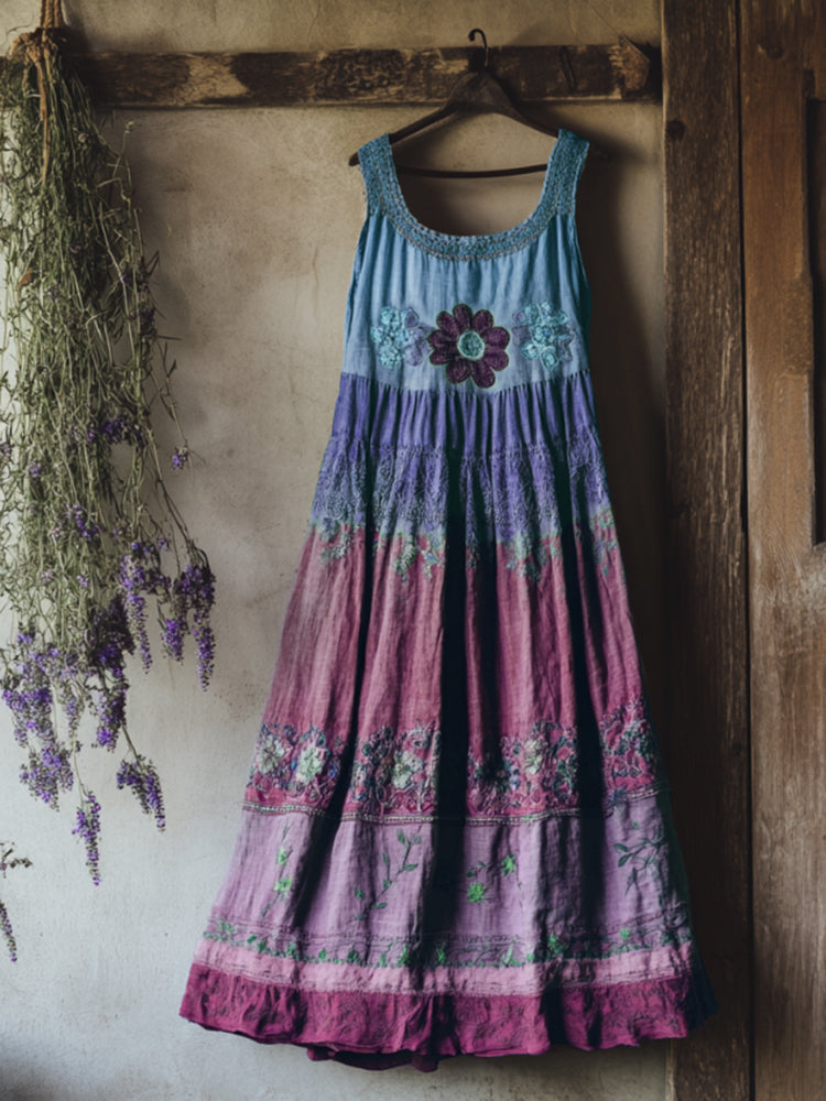 Vintage Bohemian Lavender Patchwork Art Printed Sleeveless  Cozy Linen Maxi Dress