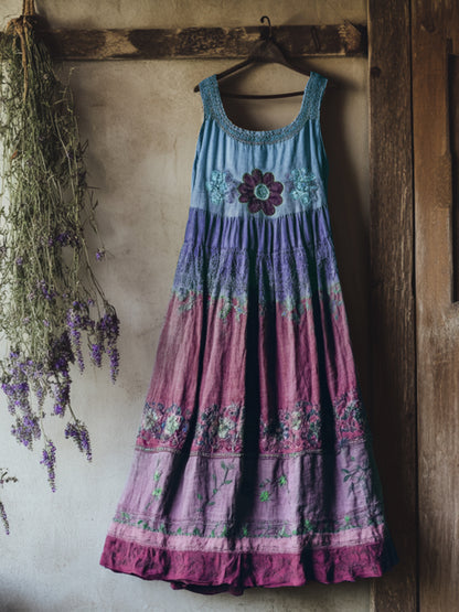 Vintage Bohemian Lavender Patchwork Art Printed Sleeveless  Cozy Linen Maxi Dress