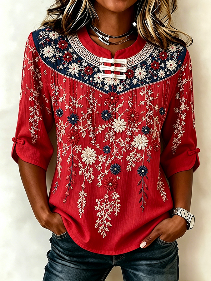 Women's National Flag Floral Print Cotton Linen Top
