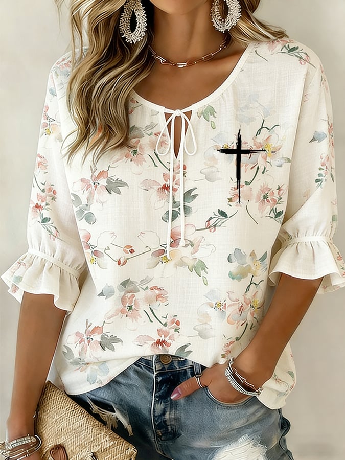 Women's Faith Cotton And Linen Floral Print Shirt