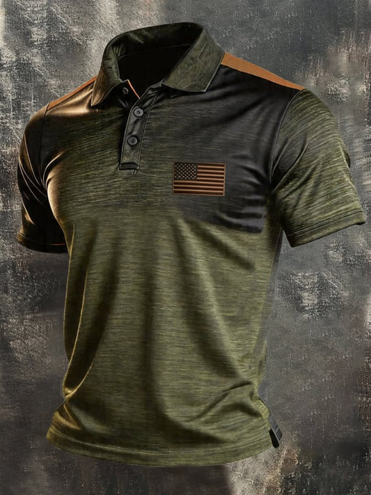 Men's Retro Patriotic Color-Block Short-Sleeve Polo Shirt