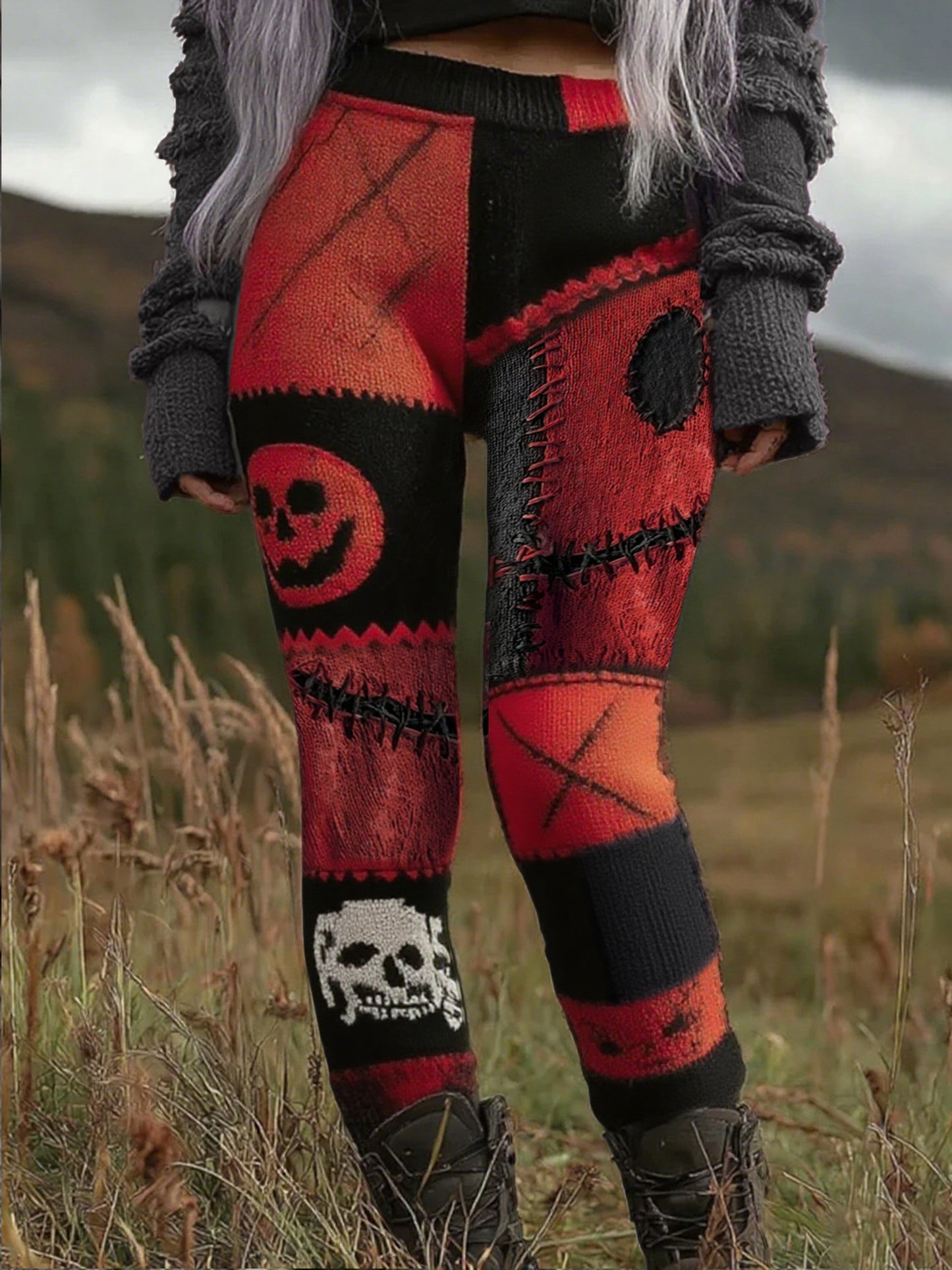 Women's Autumn and Winter Halloween Retro Three-Dimensional Sweater Textured Dark Skull Ripped Stitching Printed Holiday Pants