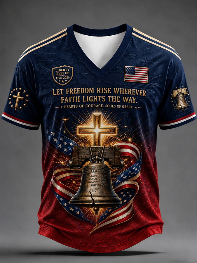 Men's Vintage USA 250th Anniversary Print V-Neck Short-Sleeve T-Shirt