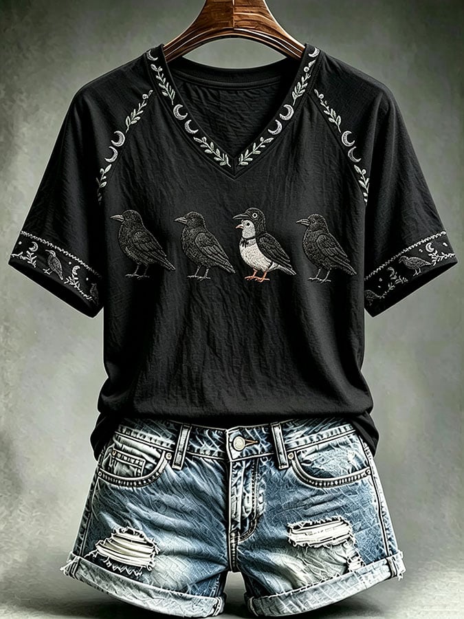 Women's Halloween Crow Print Casual T-shirt