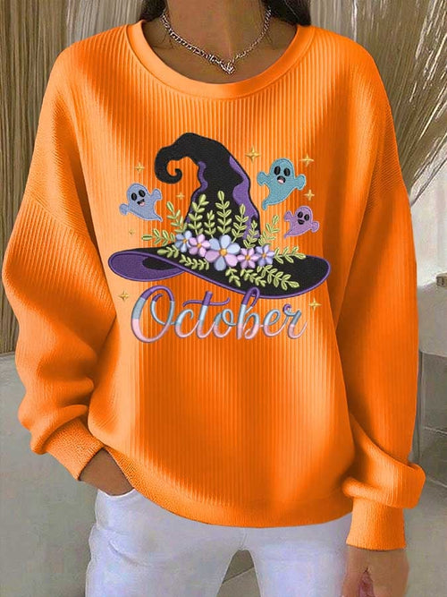 Women's Halloween Witch Hat Printed Crew Neck Long Sleeve Top