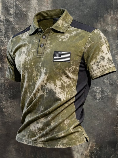 Men's Retro Color-Block Printed Short-Sleeve Polo Shirt