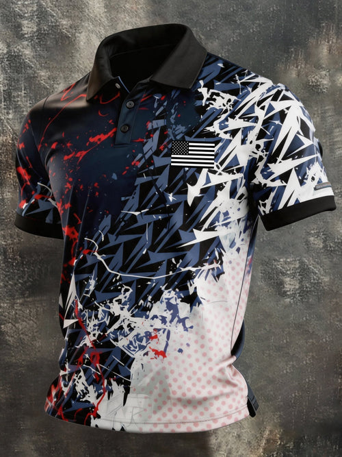 Men's Retro Patriotic Color-Block Short-Sleeve Polo Shirt