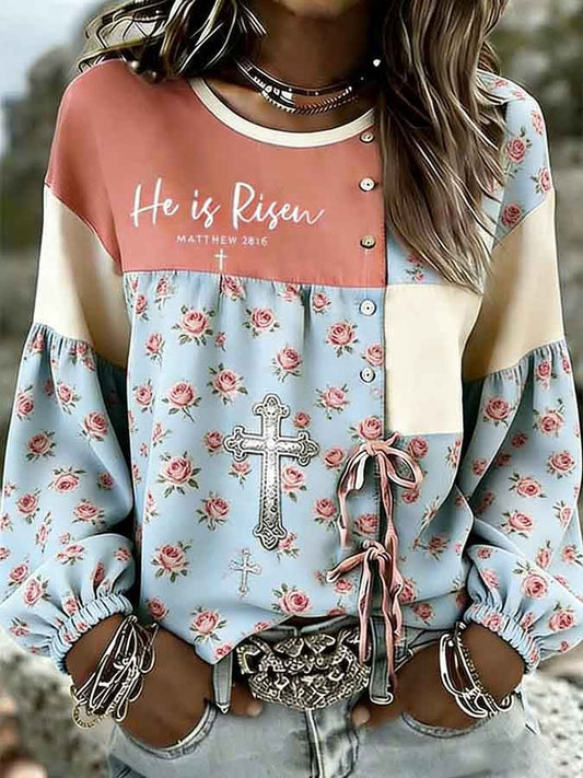 Women's "Faith" Floral Print Crew Neck Long-Sleeve Shirt