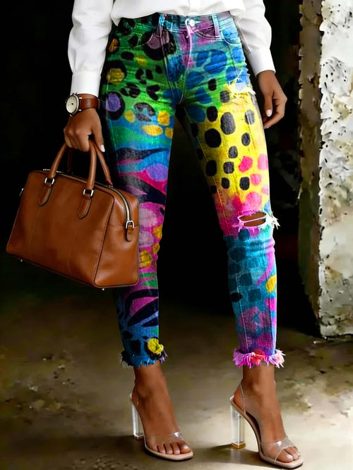 Women's Colorful Leopard Spots Print Ripped Skinny Jeans