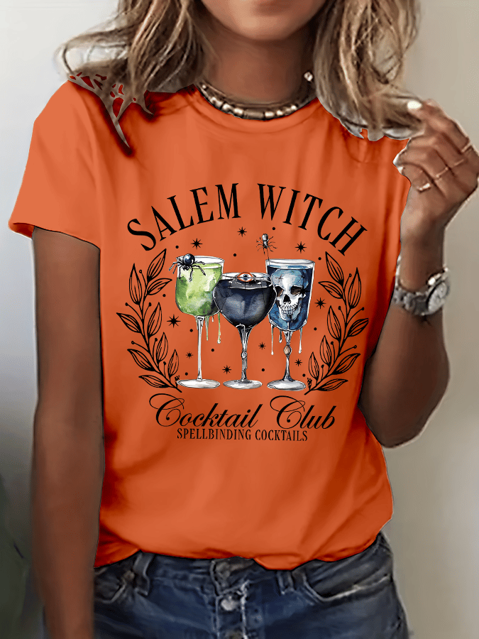 🔥HOT SALE🔥Women's Halloween Salem Witch Cocktail Club Spellbinding Cocktails Print Crew Neck T-Shirt