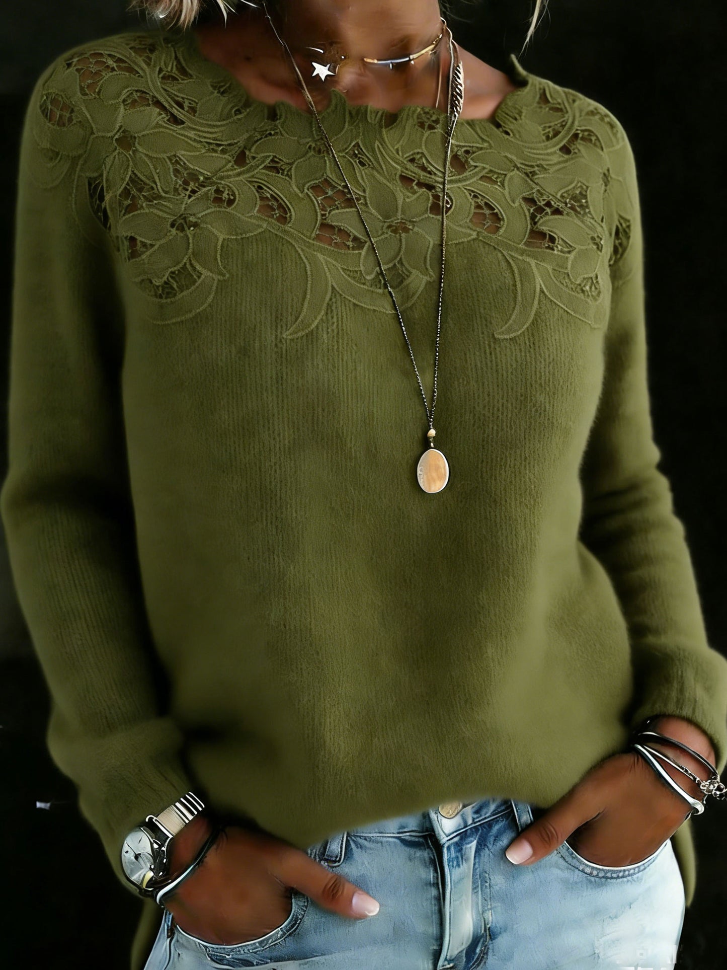 Lace Patchwork Long Sleeve Casaul Sweater